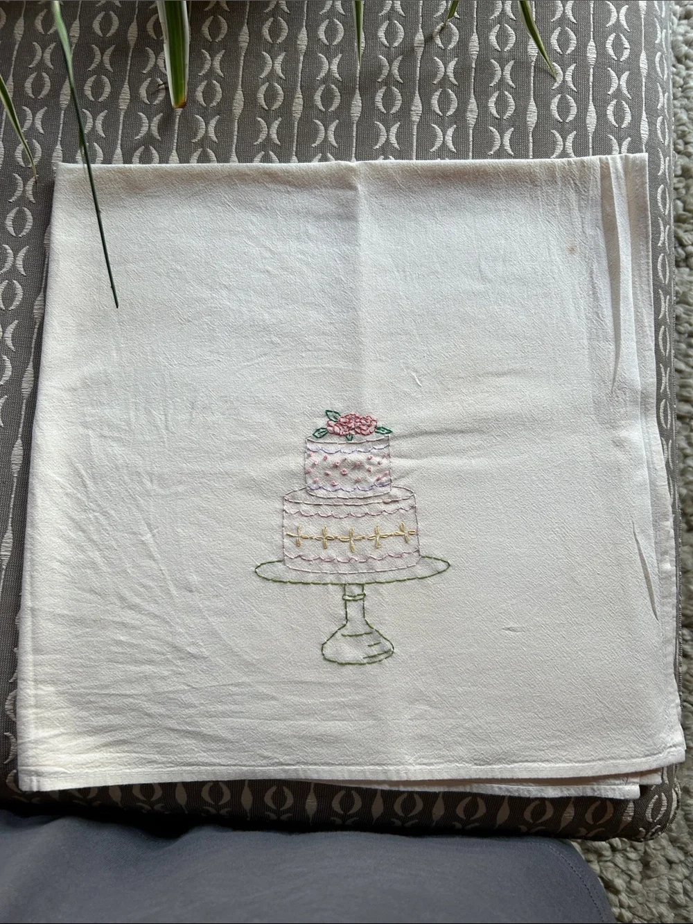 Embroidered Cake Stand Tea Towel - White